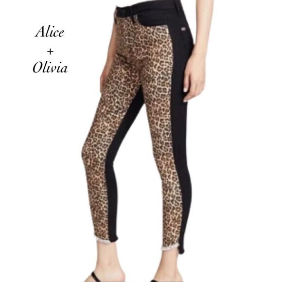 Alice + Olivia Leopard Front Black Rear Raw Hem Cropped Skinny Jeans NWT Size 27